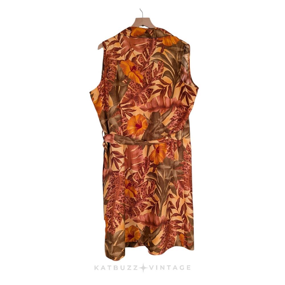 Vintage Ashley Steward Tropical Wrap Dress 18 Orange Midi Floral Sleeveless Luau - Picture 3 of 7